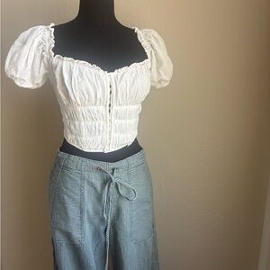 Astr White Smocked Puff Sleeve Blouse